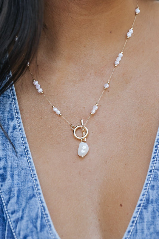 Gold Pearl Beaded Chain & Pendant Toggle Necklace - Magnolia Boutique