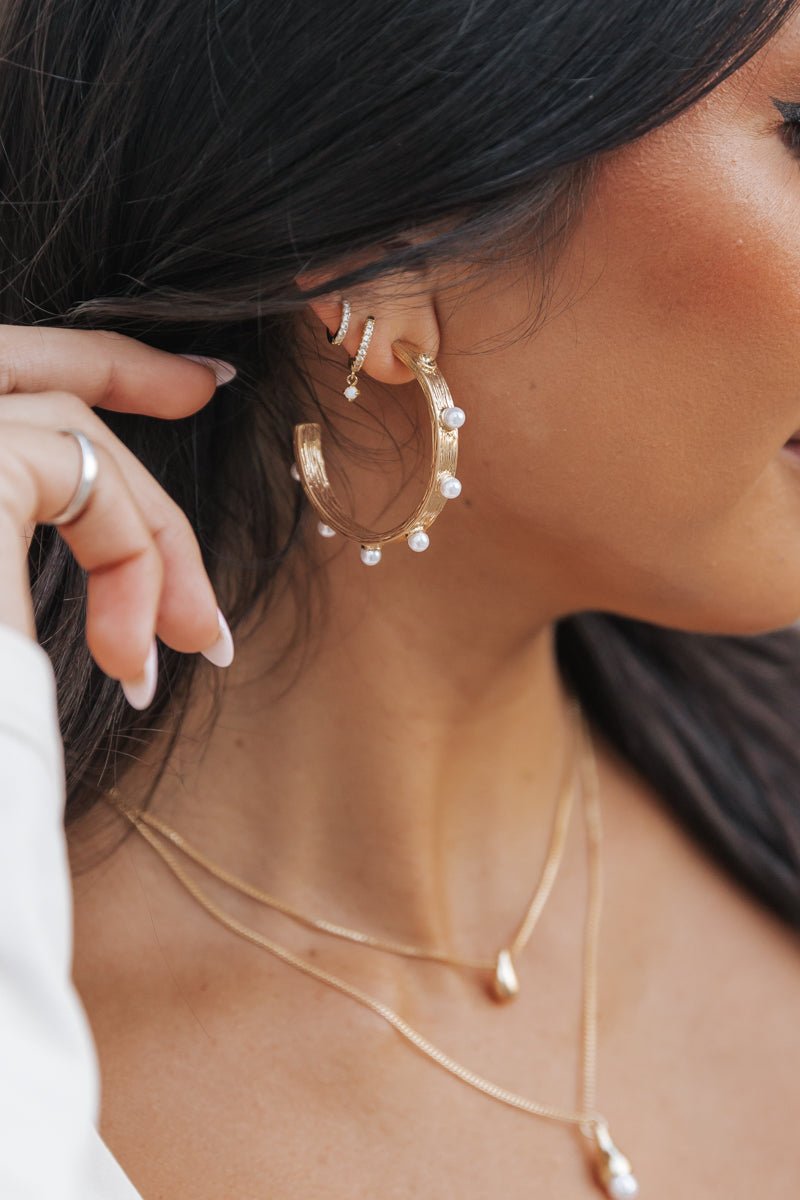 Gold Pearl Studded Metallic Hoop Earrings - Magnolia Boutique