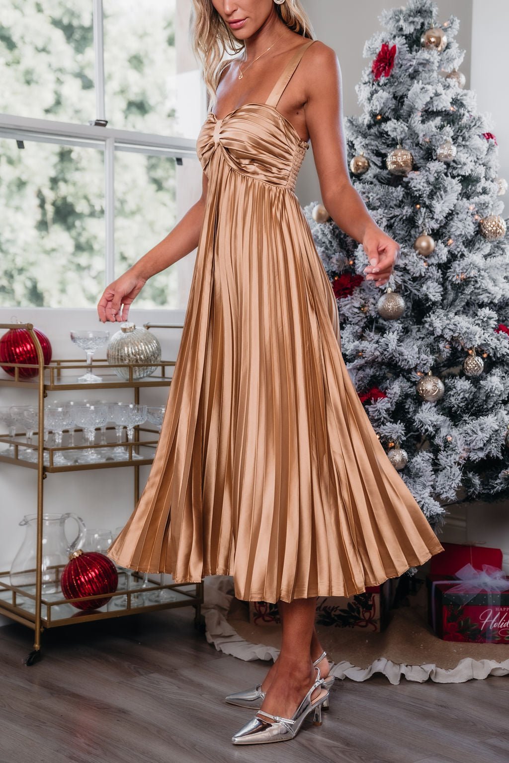 Gold Satin Pleated Midi Dress - Magnolia Boutique