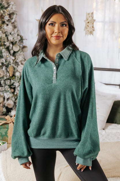 Green Brushed Button Up Pullover - Magnolia Boutique