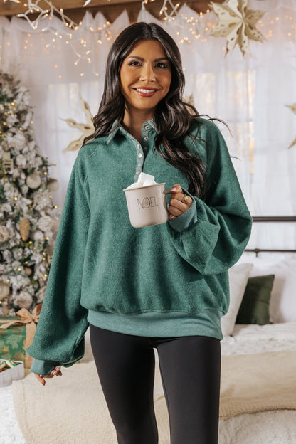 Green Brushed Button Up Pullover - Magnolia Boutique