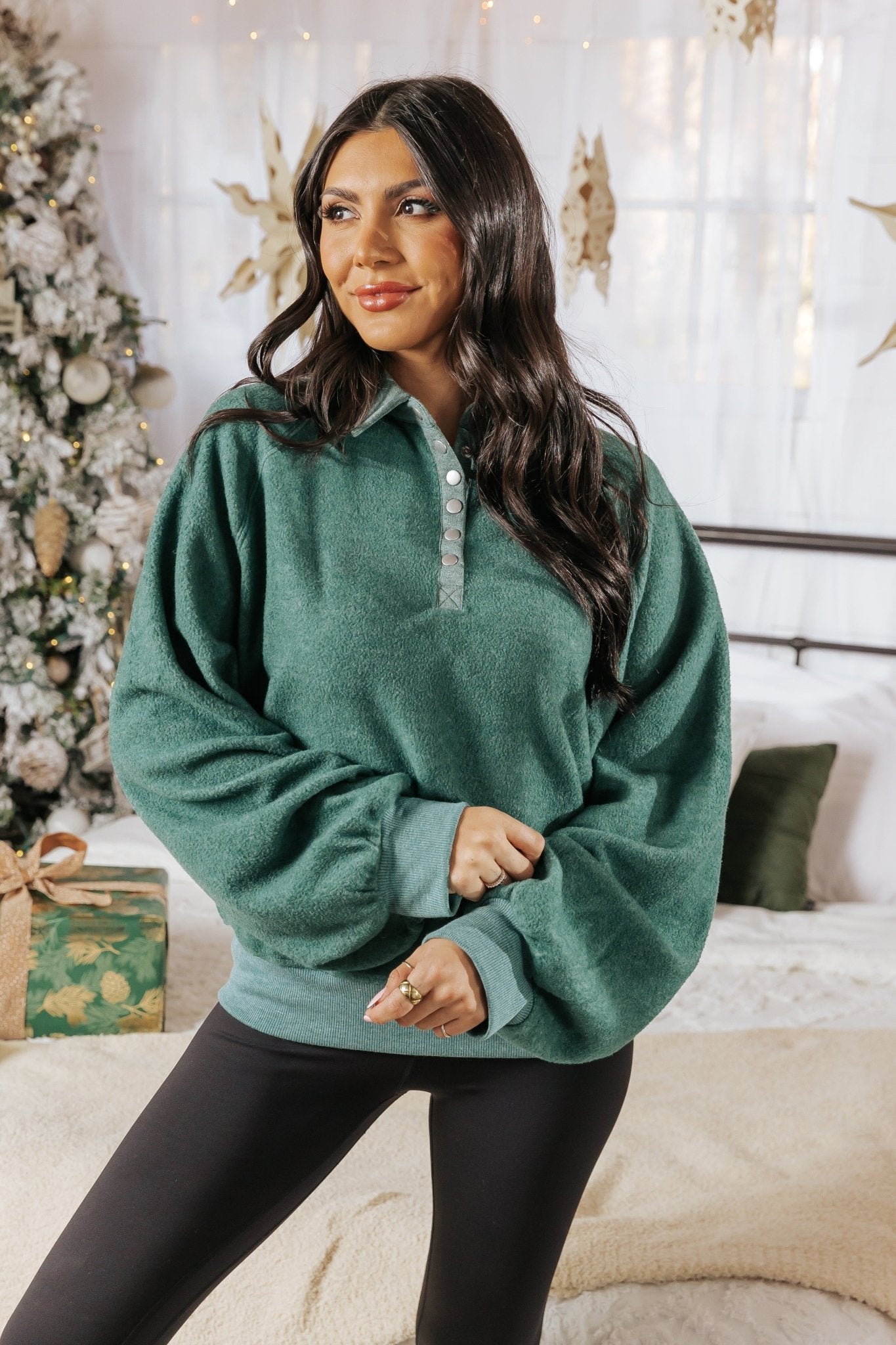 Green Brushed Button Up Pullover - Magnolia Boutique