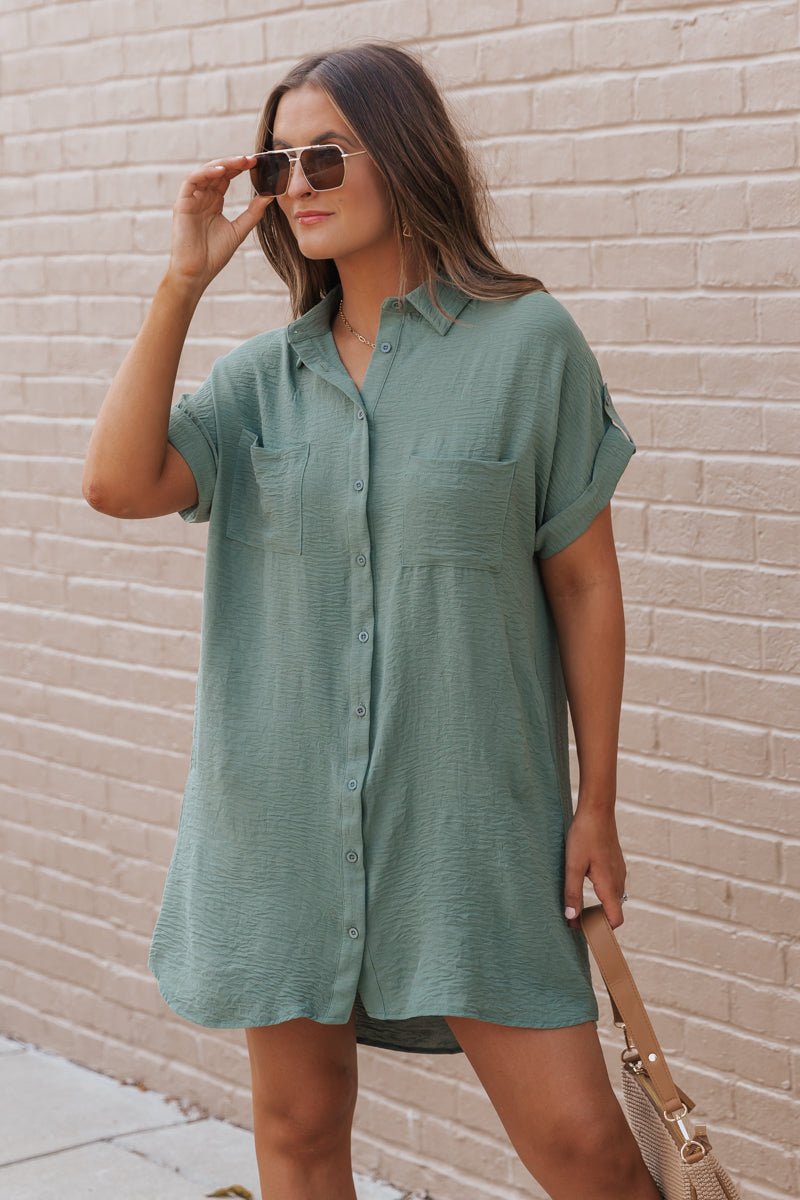Green Button Up Shirt Dress - Magnolia Boutique