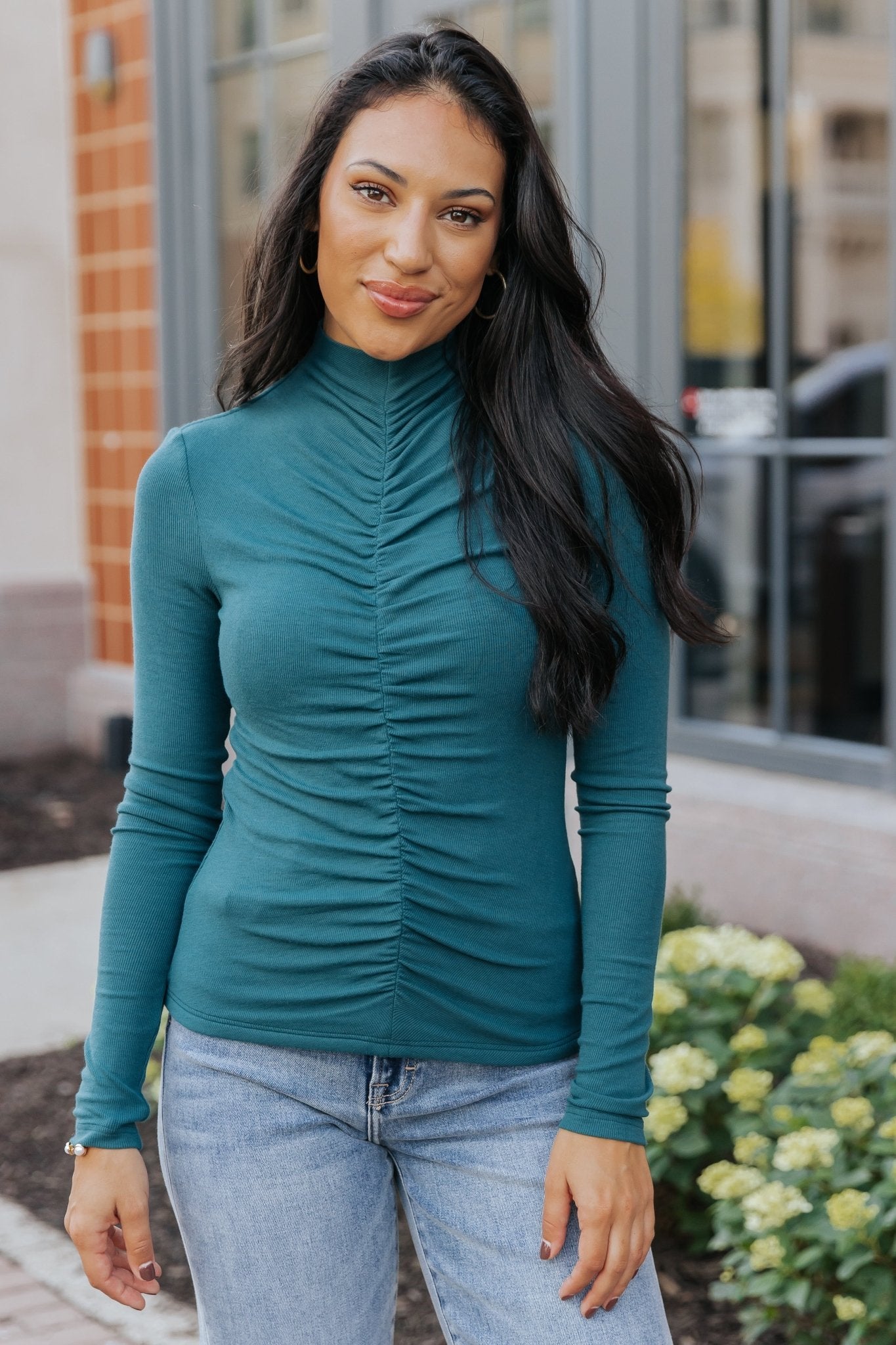 Green Cinched Mock Neck Top - Magnolia Boutique