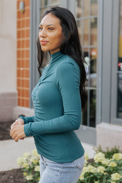 Green Cinched Mock Neck Top - Magnolia Boutique