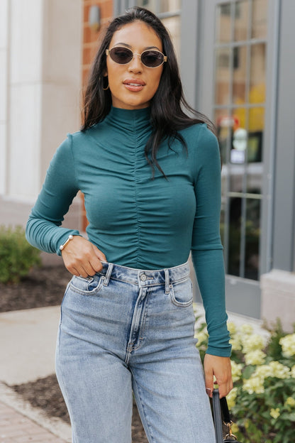 Green Cinched Mock Neck Top - Magnolia Boutique