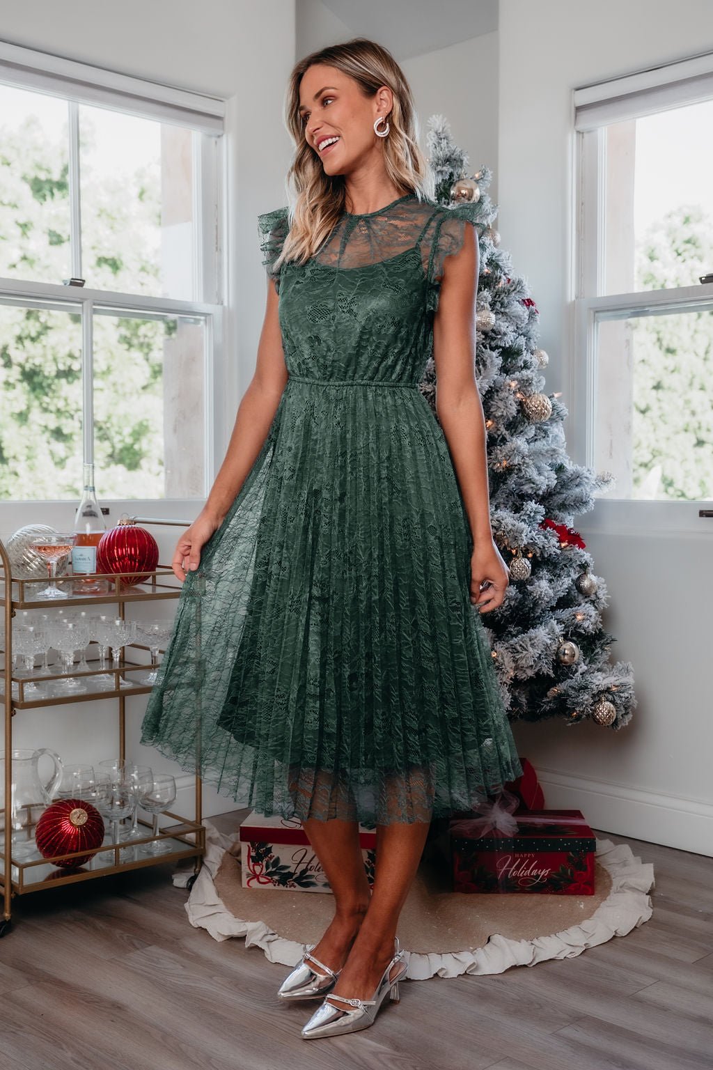 Green Floral Lace Pleated Midi Dress - Magnolia Boutique