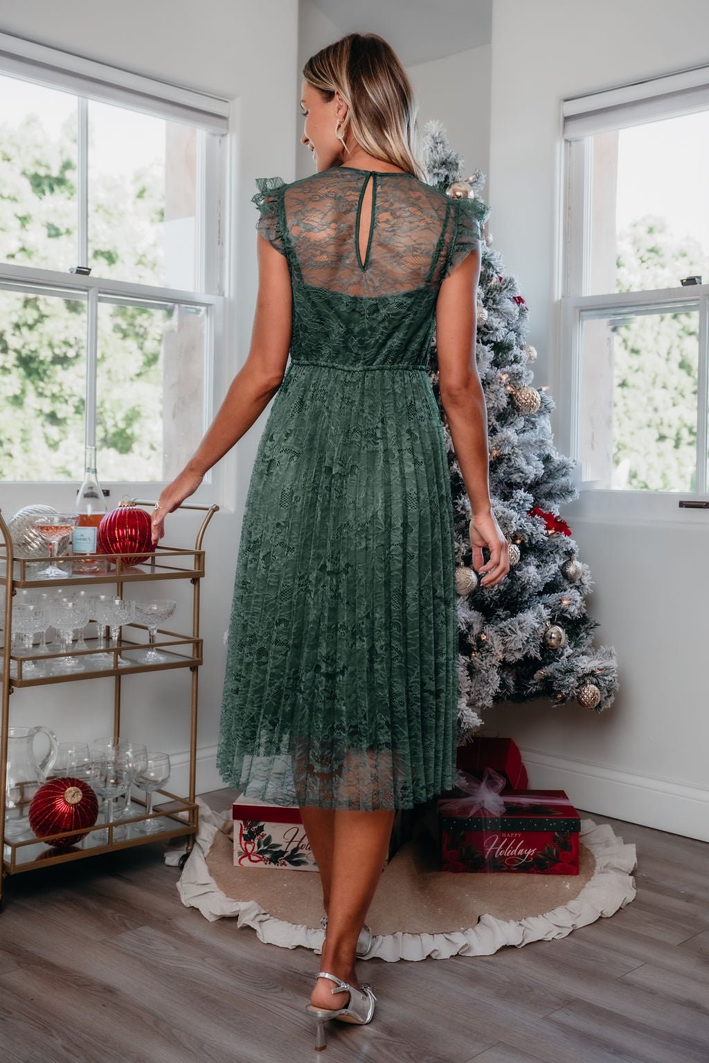 Green Floral Lace Pleated Midi Dress - Magnolia Boutique