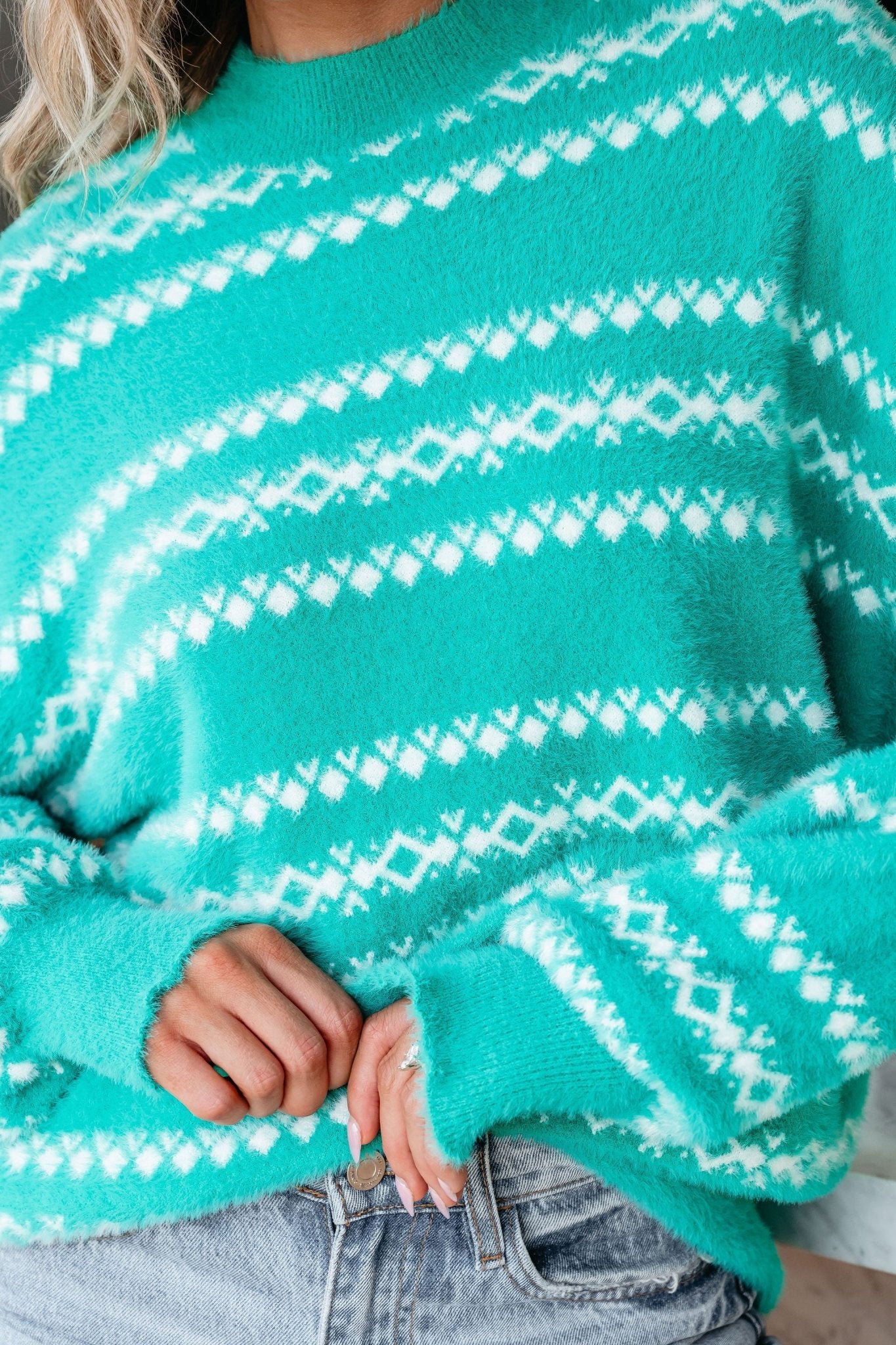 Green Fuzzy Soft Print Sweater - Magnolia Boutique