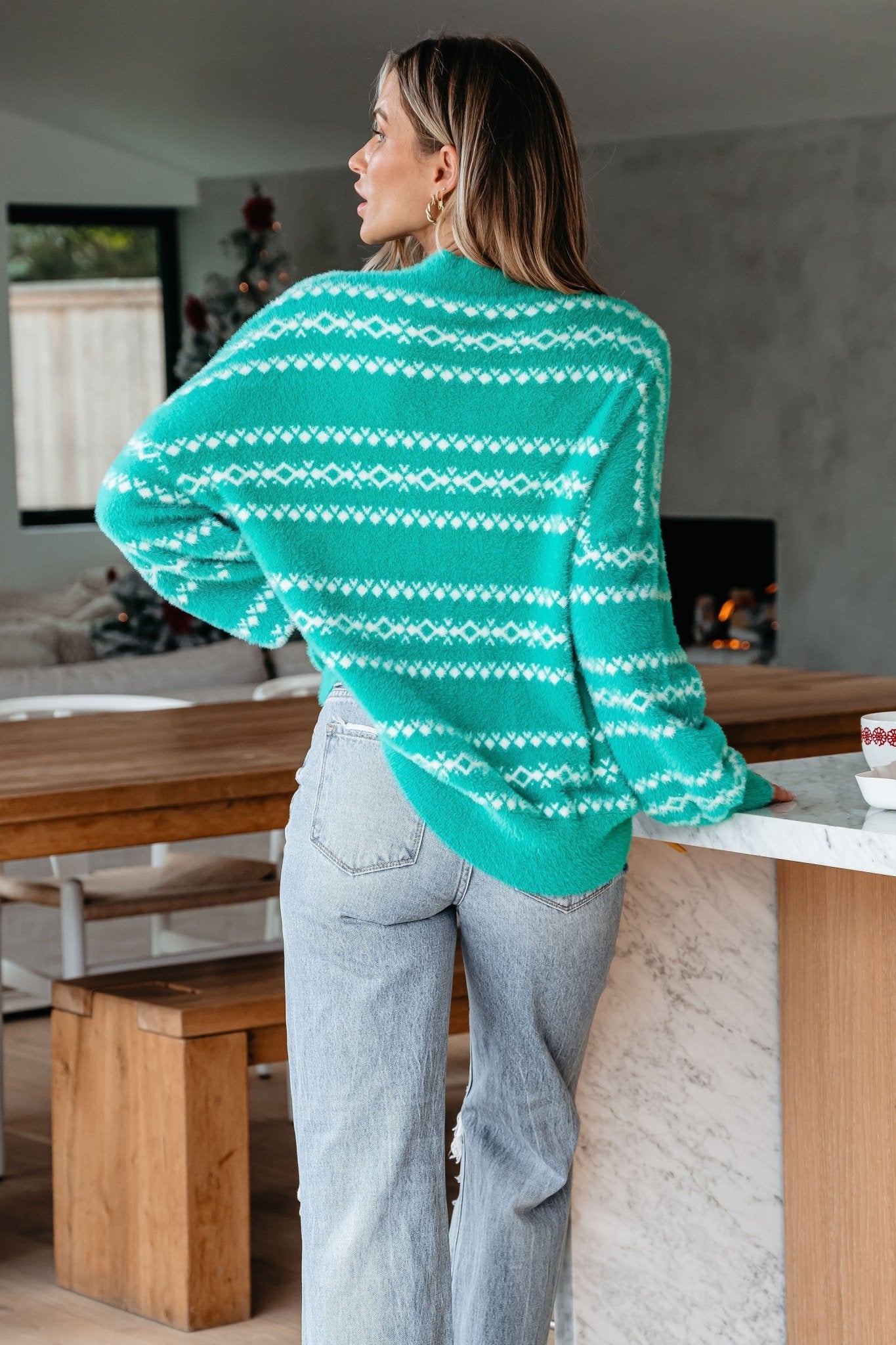 Green Fuzzy Soft Print Sweater - Magnolia Boutique