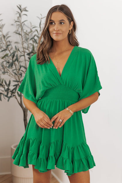 Green Kimono Sleeve Smock Tiered Mini Dress - Magnolia Boutique