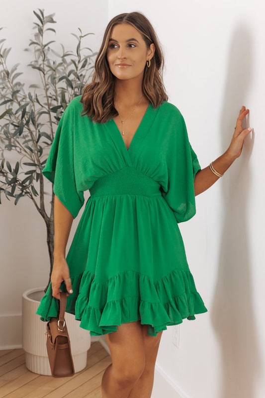 Green Kimono Sleeve Smock Tiered Mini Dress - Magnolia Boutique