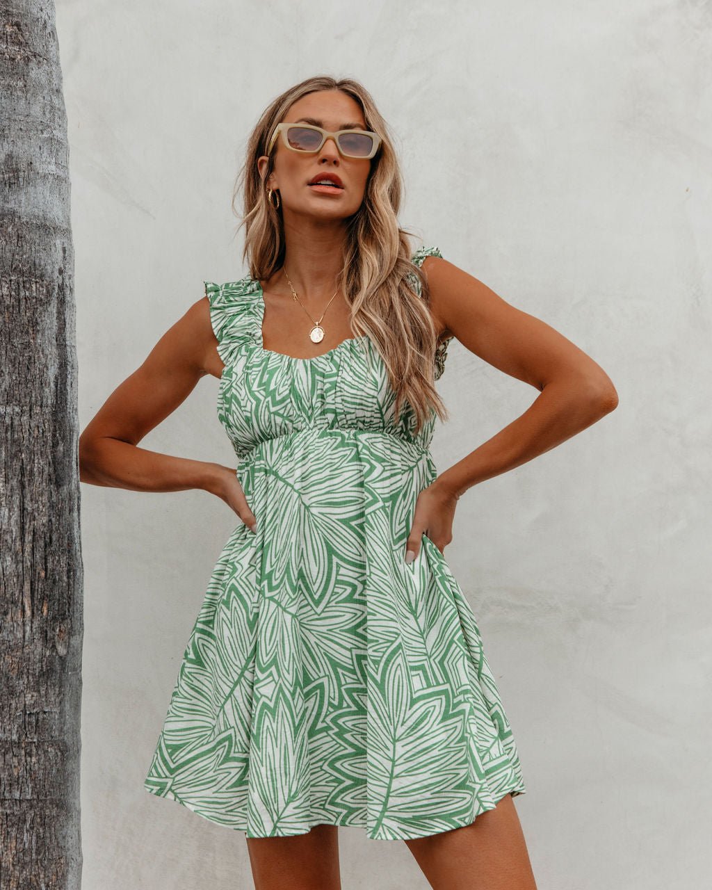 Green Leaf Print Pleated Mini Dress - Magnolia Boutique