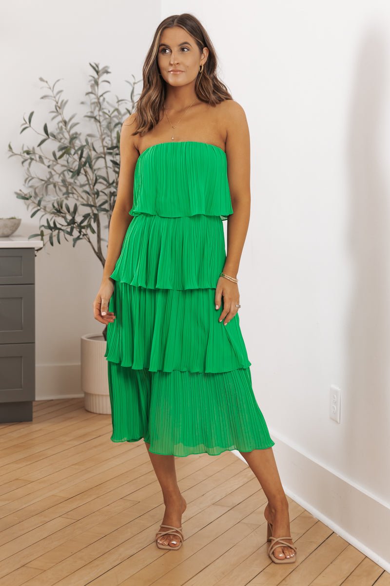 Green Pleated Midi Tube Dress - Magnolia Boutique