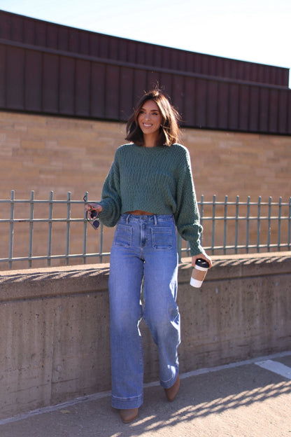 Green Popcorn Knit Cropped Sweater - Magnolia Boutique