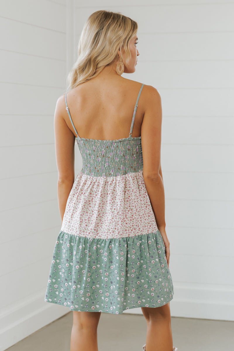 Green Print Color Block Tiered Mini Dress - Magnolia Boutique