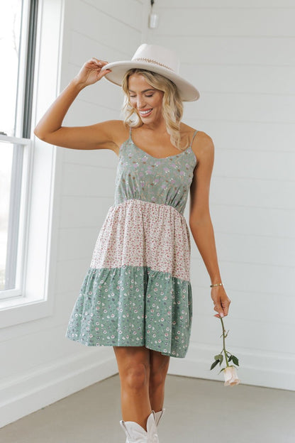Green Print Color Block Tiered Mini Dress - Magnolia Boutique