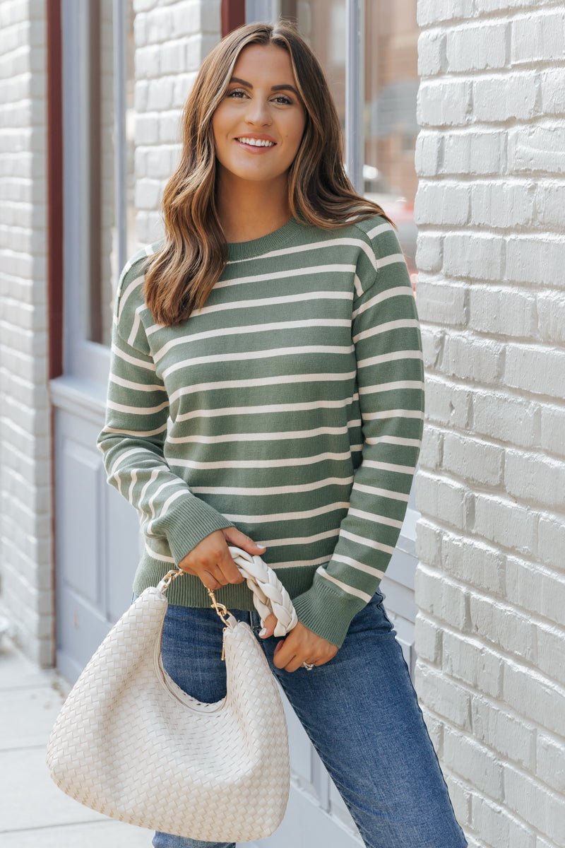 Green Raglan Sleeve Striped Sweater - Magnolia Boutique