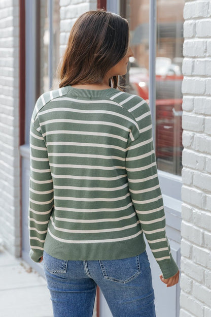 Green Raglan Sleeve Striped Sweater - Magnolia Boutique