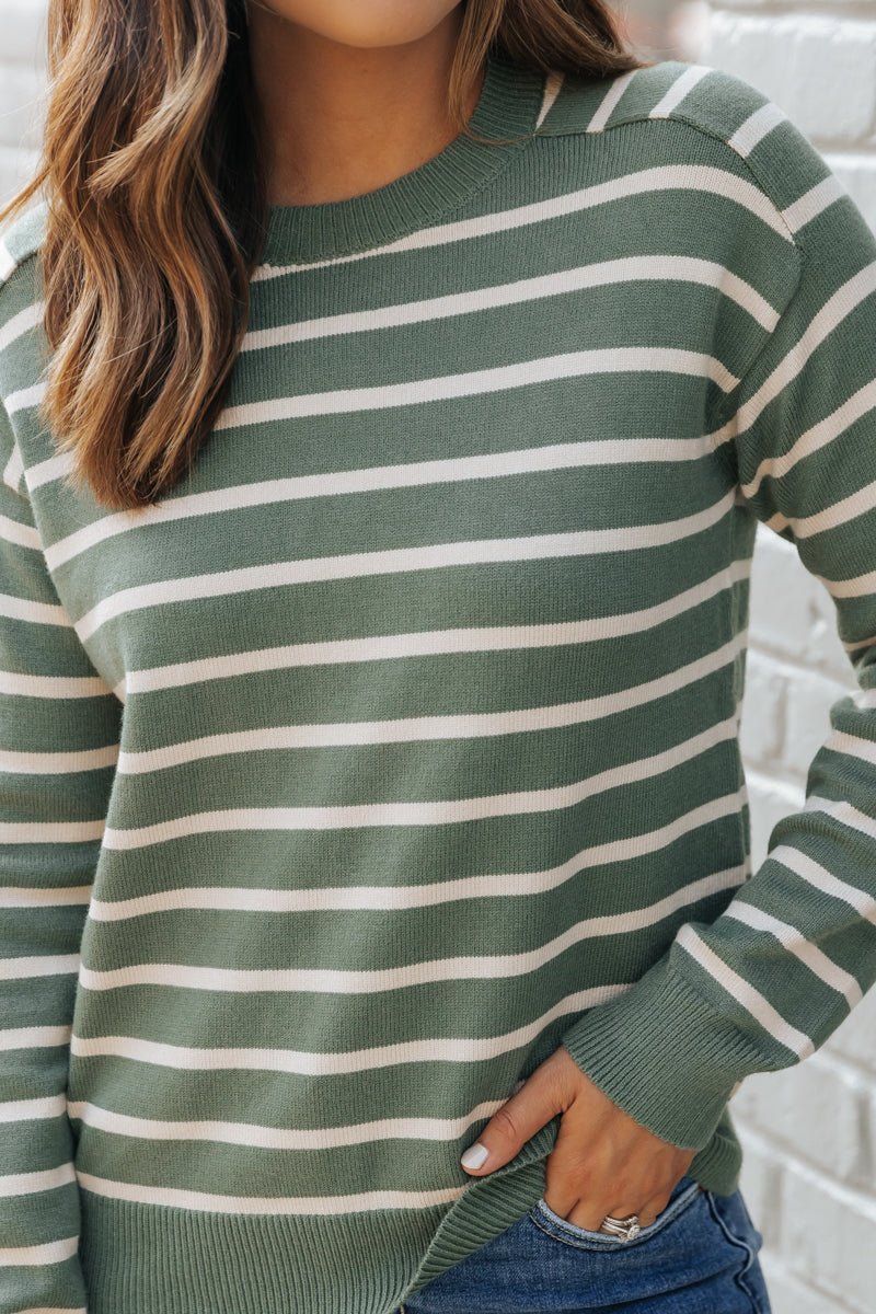 Green Raglan Sleeve Striped Sweater - Magnolia Boutique