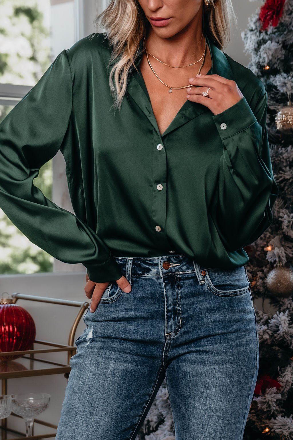 Green Satin Button Up Bodysuit - Magnolia Boutique