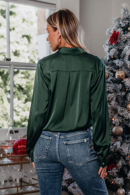 Green Satin Button Up Bodysuit - Magnolia Boutique