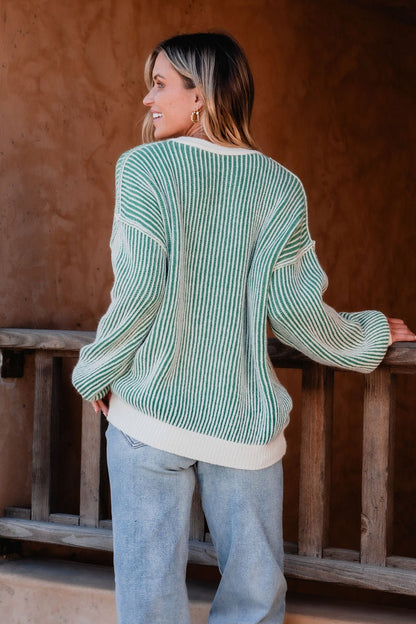 Green Striped Seam Detail Sweater - Magnolia Boutique