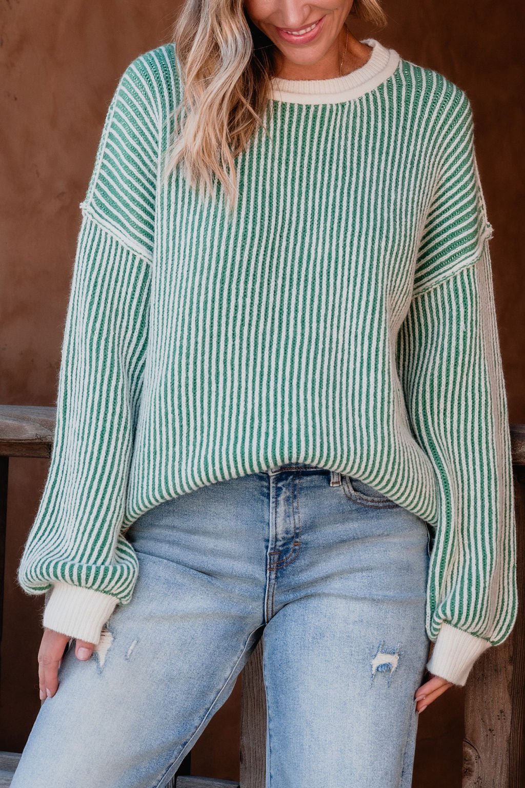 Green Striped Seam Detail Sweater - Magnolia Boutique