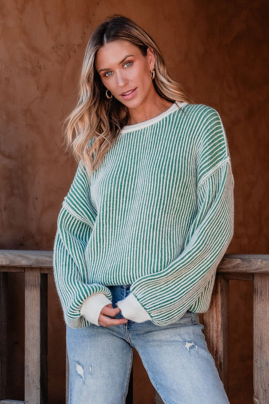 Green Striped Seam Detail Sweater - Magnolia Boutique