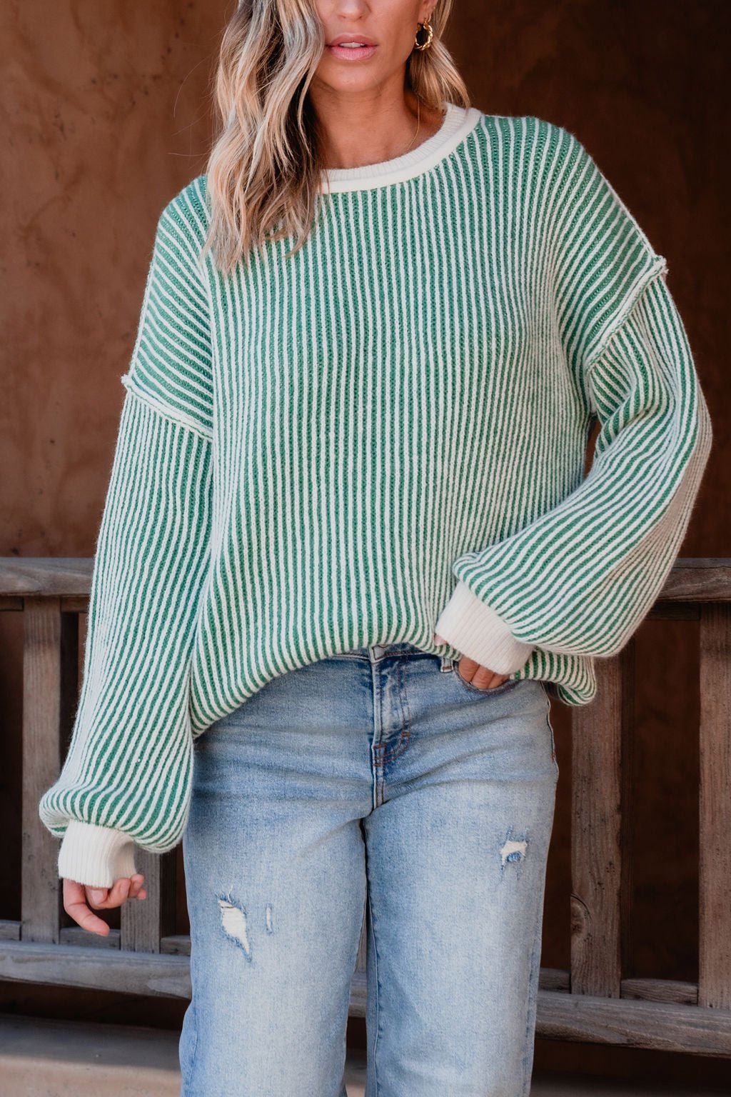 Green Striped Seam Detail Sweater - Magnolia Boutique