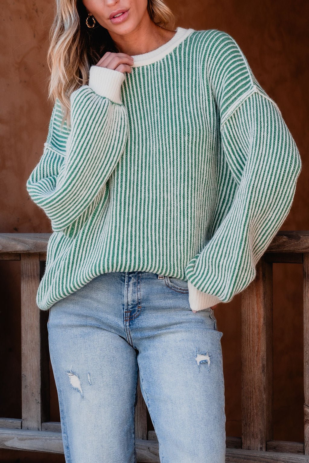 Green Striped Seam Detail Sweater - Magnolia Boutique