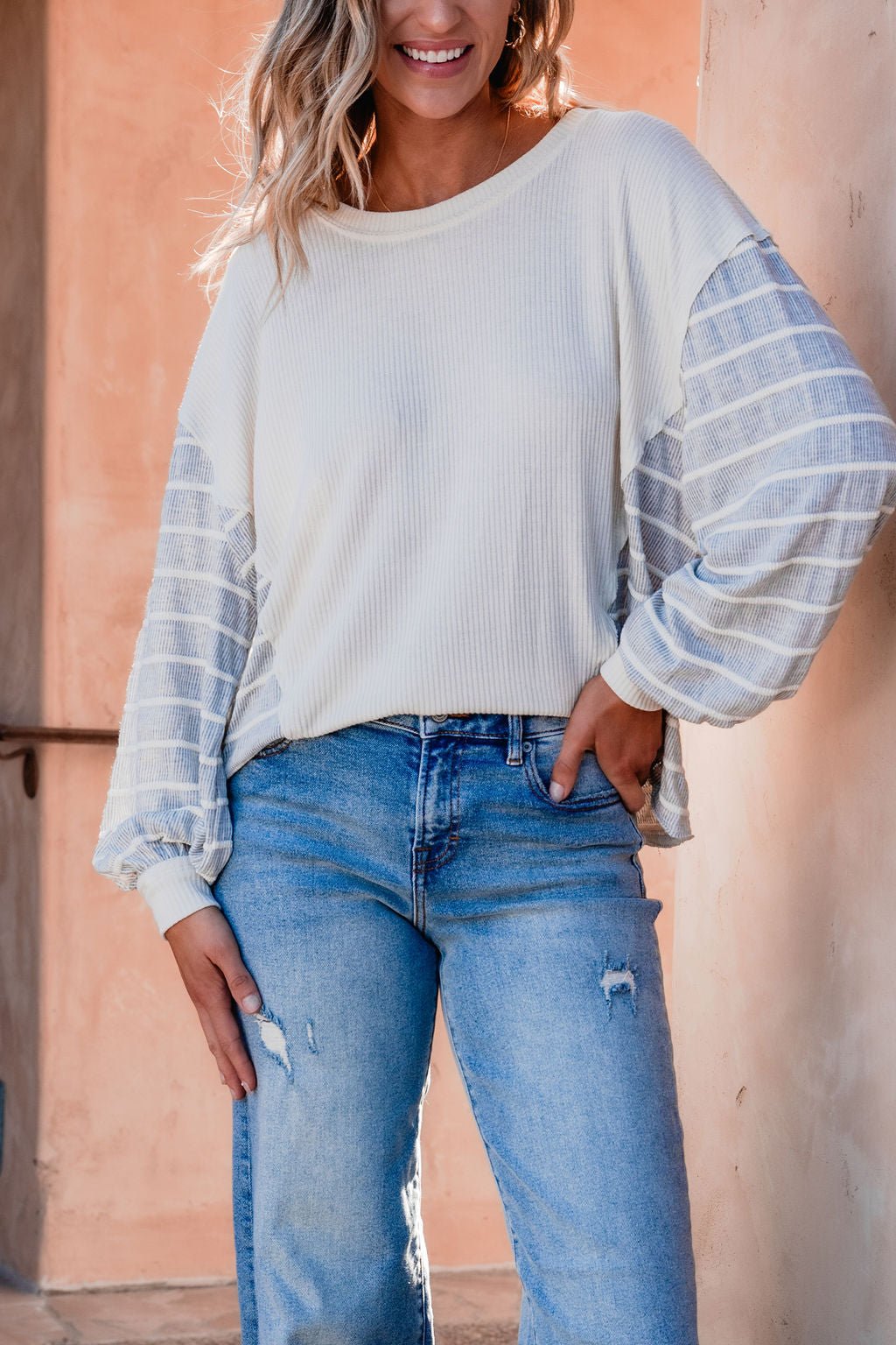 Grey and Cream Contrast Striped Sweater - Magnolia Boutique