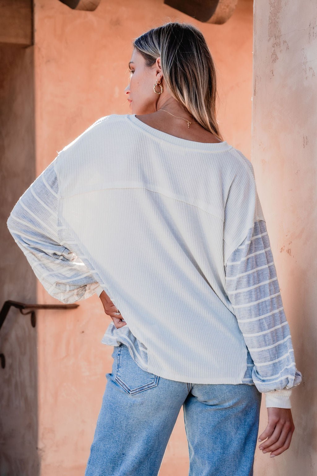 Grey and Cream Contrast Striped Sweater - Magnolia Boutique