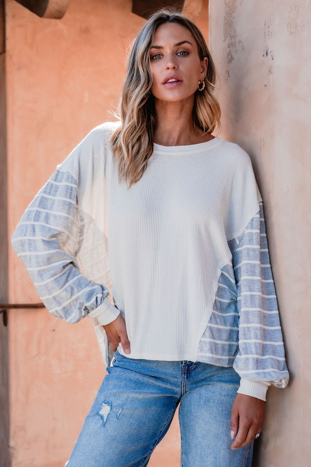 Grey and Cream Contrast Striped Sweater - Magnolia Boutique