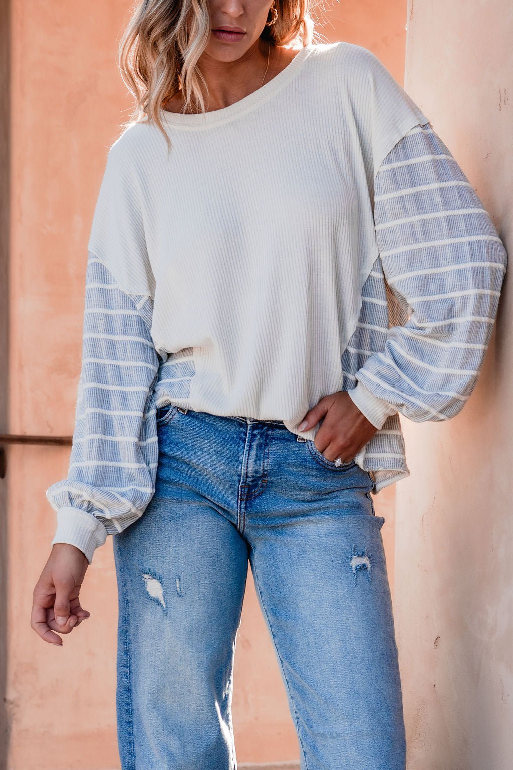 Grey and Cream Contrast Striped Sweater - Magnolia Boutique