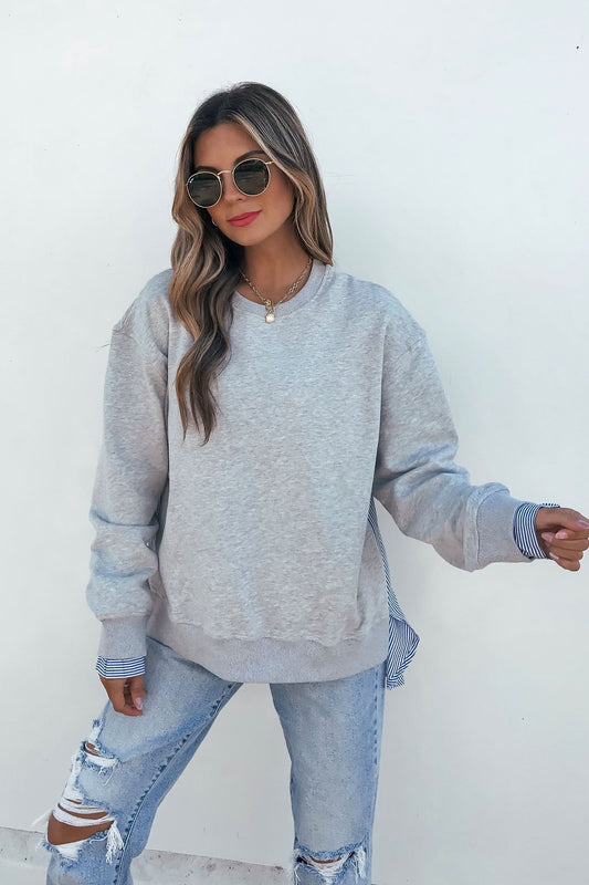 Grey and Ivory Stripe Layered Sweatshirt - Magnolia Boutique