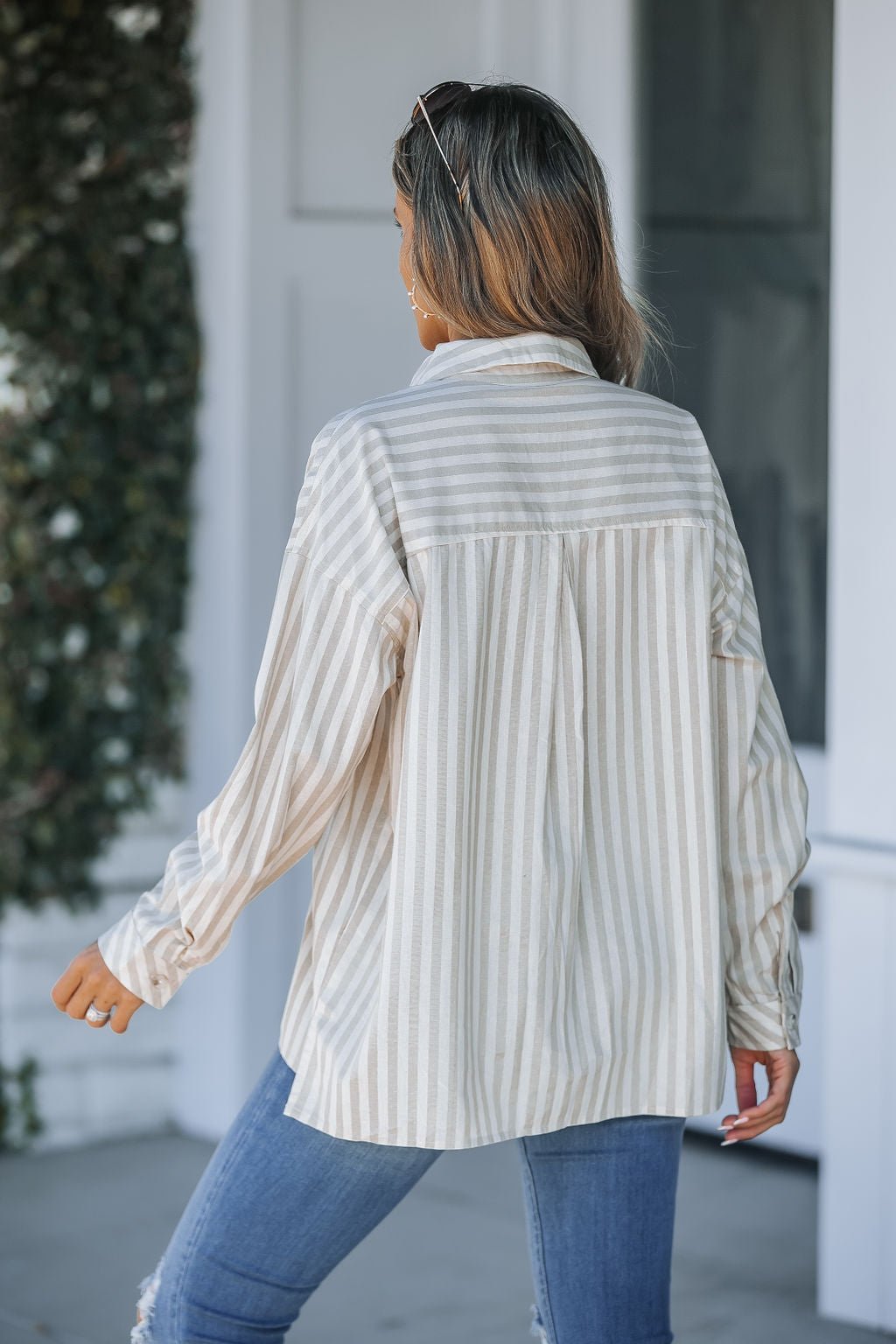 Grey and White Striped Button Down Shirt - Magnolia Boutique