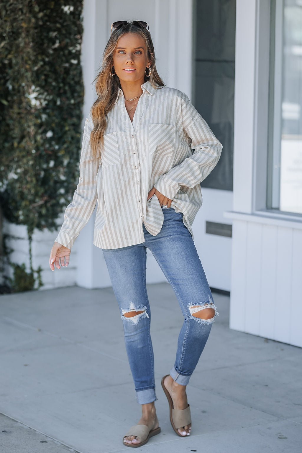 Grey and White Striped Button Down Shirt - Magnolia Boutique