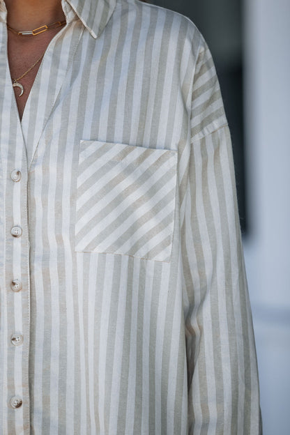 Grey and White Striped Button Down Shirt - Magnolia Boutique