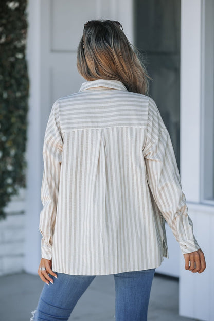 Grey and White Striped Button Down Shirt - Magnolia Boutique