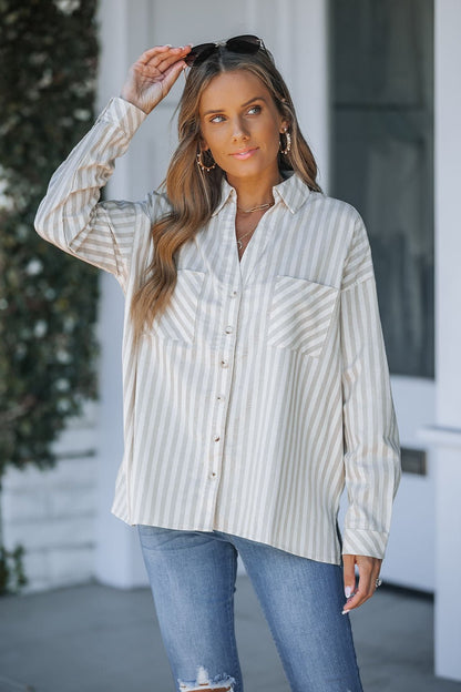 Grey and White Striped Button Down Shirt - Magnolia Boutique