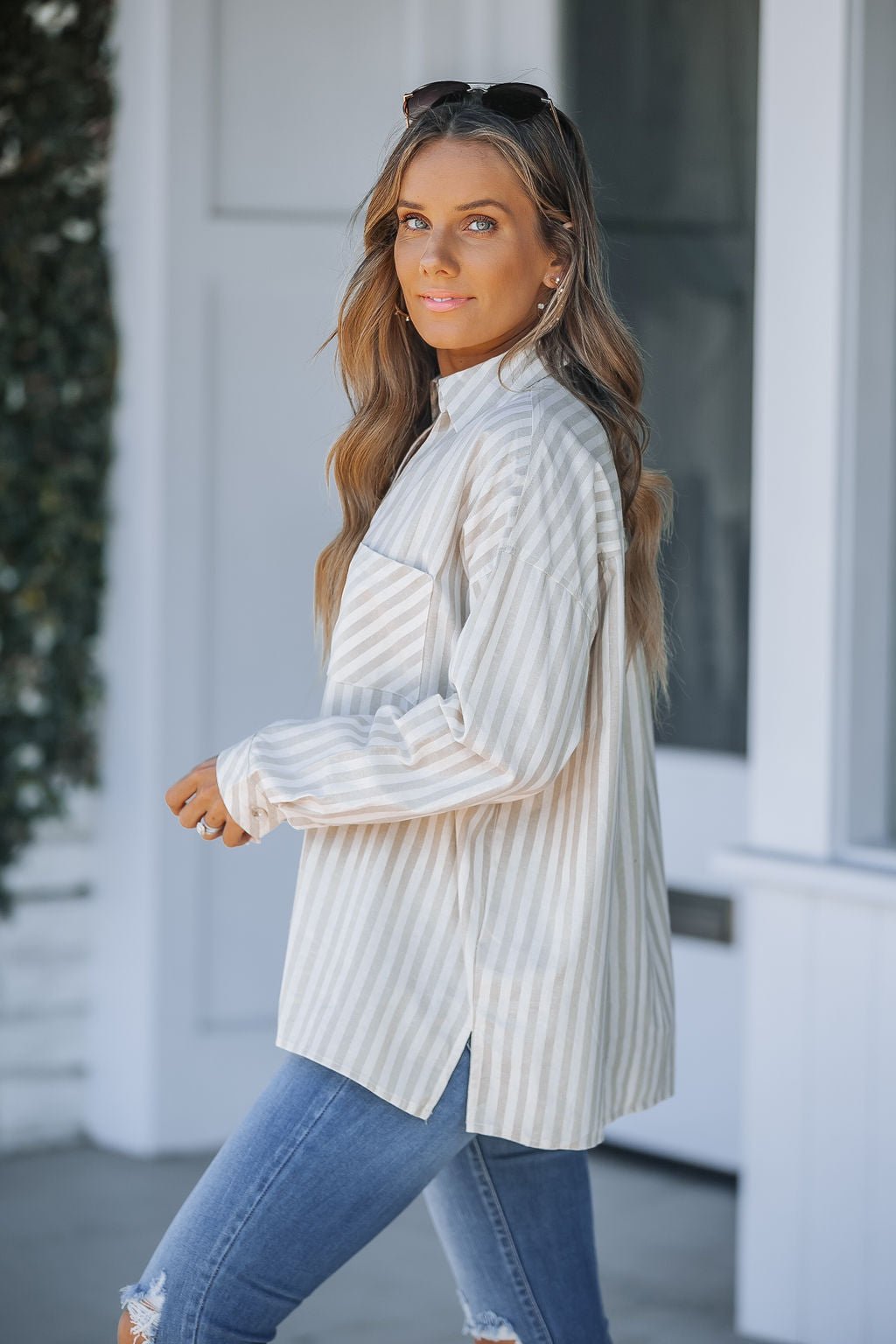 Grey and White Striped Button Down Shirt - Magnolia Boutique