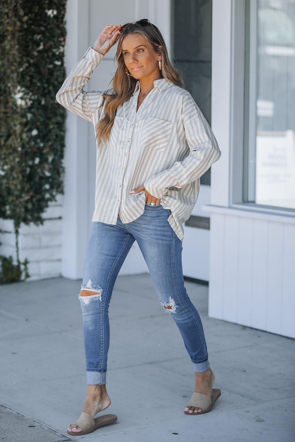 Grey and White Striped Button Down Shirt - Magnolia Boutique