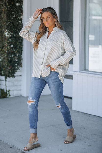 Grey and White Striped Button Down Shirt - Magnolia Boutique