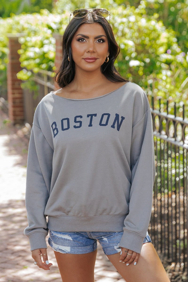 Grey Boston Boat Neck Sweatshirt - Magnolia Boutique