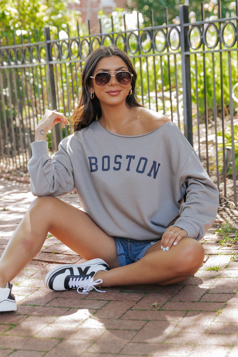 Grey Boston Boat Neck Sweatshirt - Magnolia Boutique