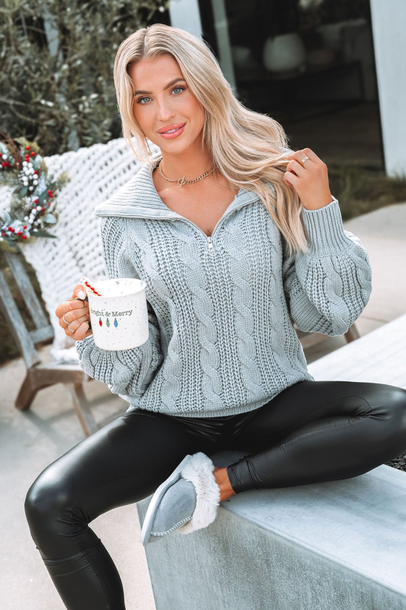 Grey Cable Knit Zip Up Sweater - Magnolia Boutique