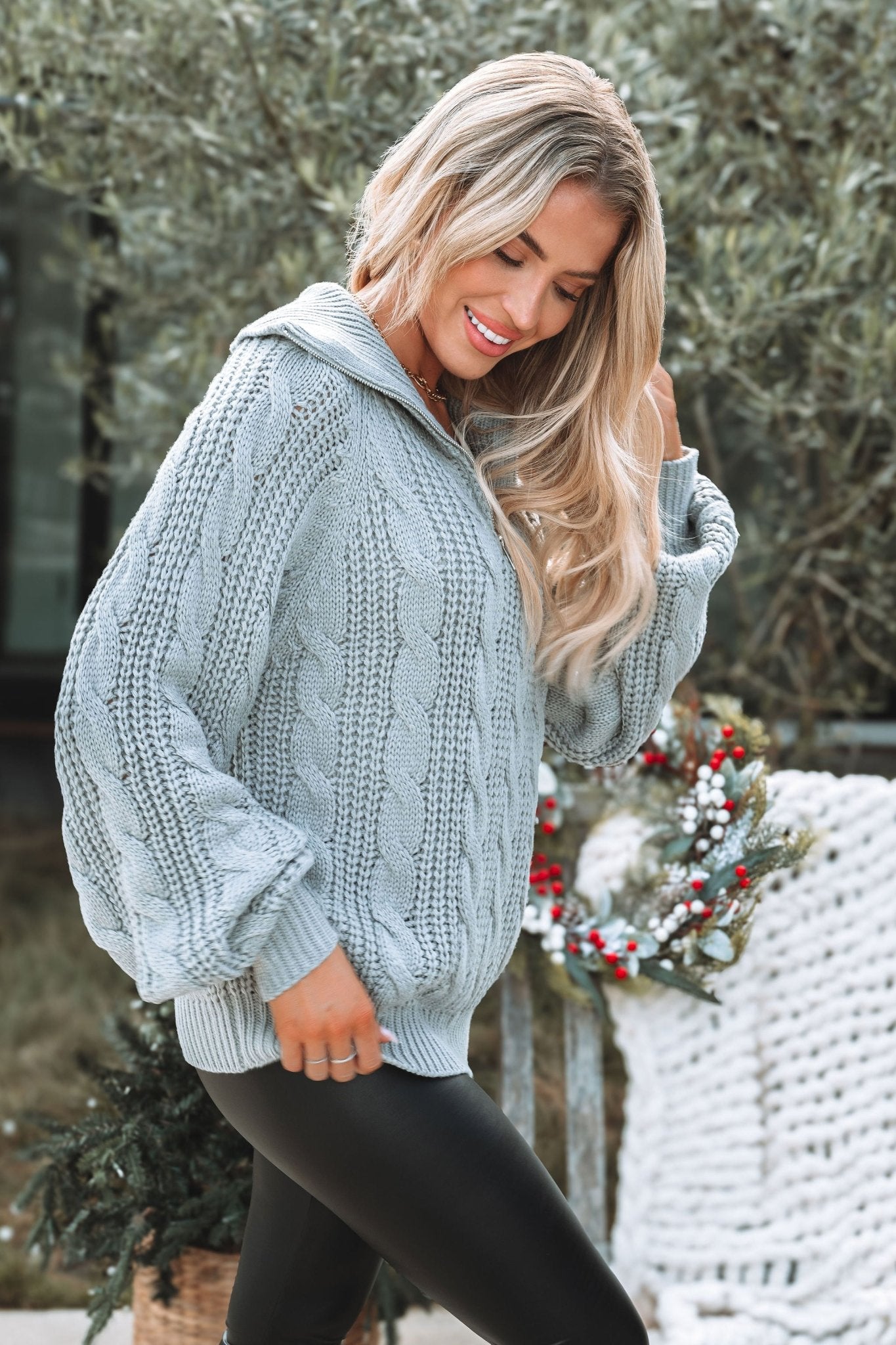 Grey Cable Knit Zip Up Sweater - Magnolia Boutique