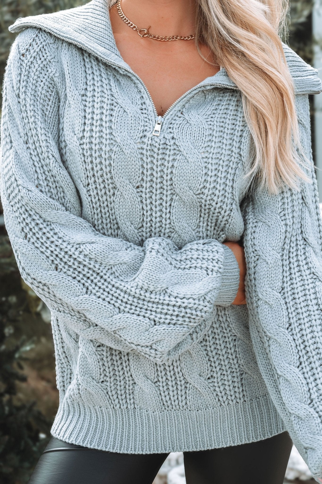 Grey Cable Knit Zip Up Sweater - Magnolia Boutique