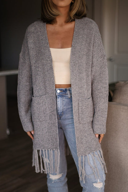 Grey Open Front Fringe Cardigan - Magnolia Boutique